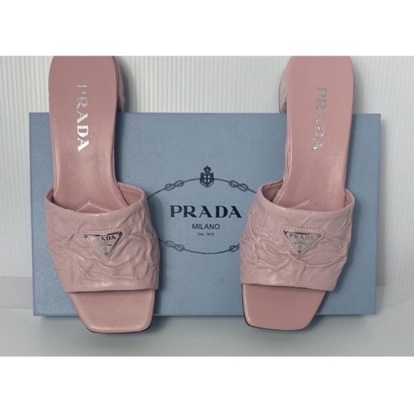 Prada Crinkled Leather Block-Heel Slip on Logo Mules Sandals size 8 Pink New - Picture 5 of 14